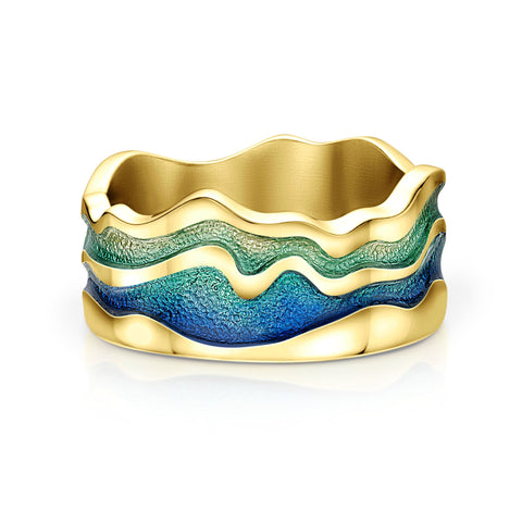 River Ripples 18ct Yellow Gold Dress Ring in Ocean Enamel by Sheila Fleet Jewellery