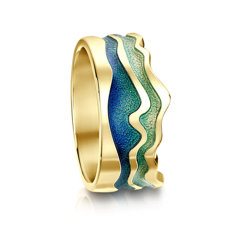 River Ripples 18ct Yellow Gold Dress Ring in Ocean Enamel by Sheila Fleet Jewellery