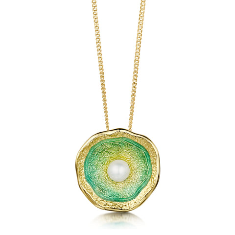 Lunar Pearl 18ct Yellow Gold Pendant Necklace in Shallows Enamel