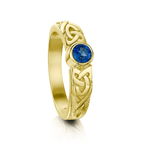 Celtic Knotwork Sapphire Solitaire Ring in 18ct Yellow Gold by Sheila Fleet Jewellery