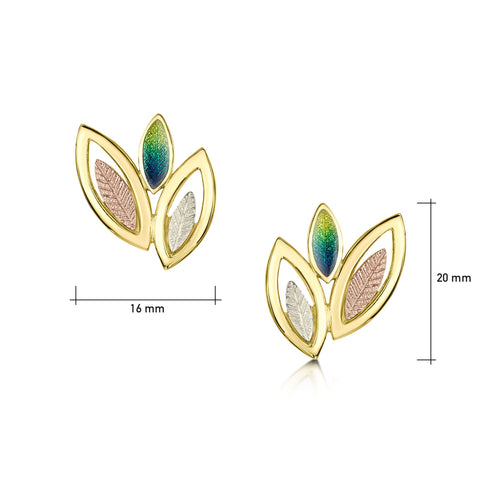 Seasons Spring Enamel 3-leaf Stud Earrings in 18ct Yellow, White & Rose Gold by Sheila Fleet Jewellery