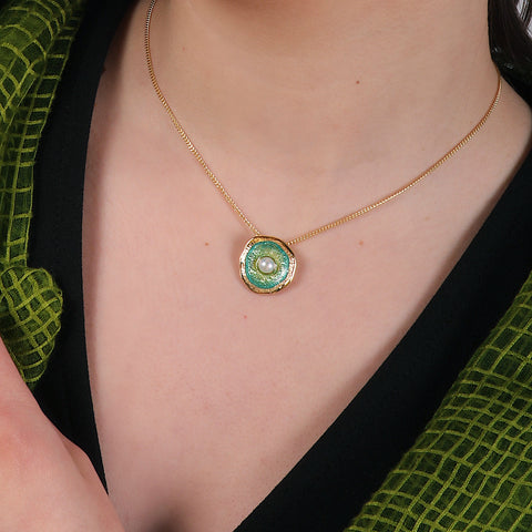 Lunar Pearl 18ct Yellow Gold Pendant Necklace in Shallows Enamel
