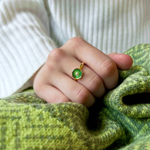 Lunar Pearl Petite Ring in 18ct Yellow Gold & Shallows Enamel by Sheila Fleet Jewellery