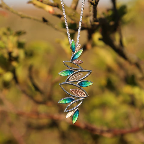 Seasons Gold Leaves Dress Pendant in Spring Enamel by Sheila Fleet Jewellery