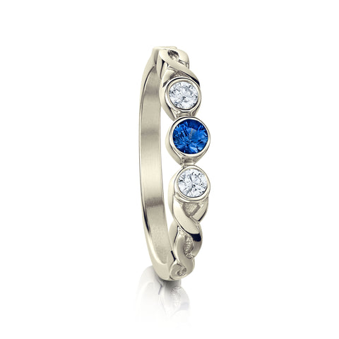 Celtic Trilogy Sapphire & Diamond Ring in 9ct White Gold