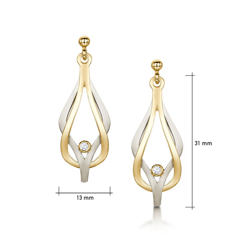 Reef Knot Diamond Drop Earrings in 9ct White & Yellow Gold by Sheila Fleet Jewellery