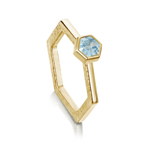 Honeycomb Hexagon Ring with 5mm Sky Blue Topaz in 9ct Yellow Gold by Sheila Fleet Jewellery