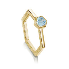 Honeycomb Hexagon Ring with 5mm Sky Blue Topaz in 9ct Yellow Gold by Sheila Fleet Jewellery