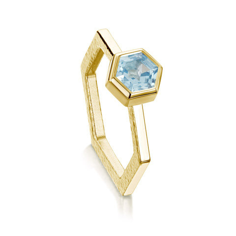 Honeycomb Hexagon Ring with 6mm Blue Topaz in 9ct Yellow Gold