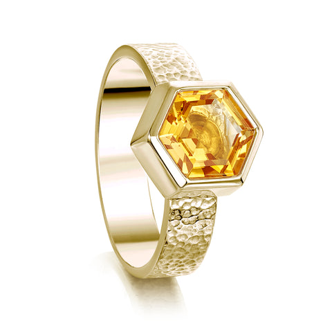 Honeycomb Hexagon 8mm Citrine Ring in 9ct Yellow Gold by Sheila Fleet Jewellery