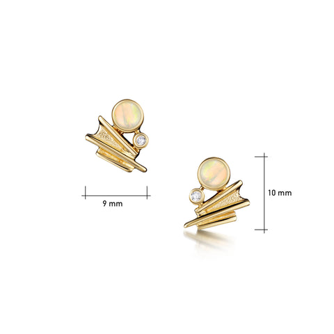 Moonlight Small Stud Earrings in 9ct Yellow Gold with Opal & Diamond by Sheila Fleet Jewellery