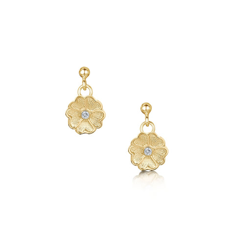 Primula Scotica Diamond Drop Earrings in 9ct Yellow Gold by Sheila Fleet Jewellery