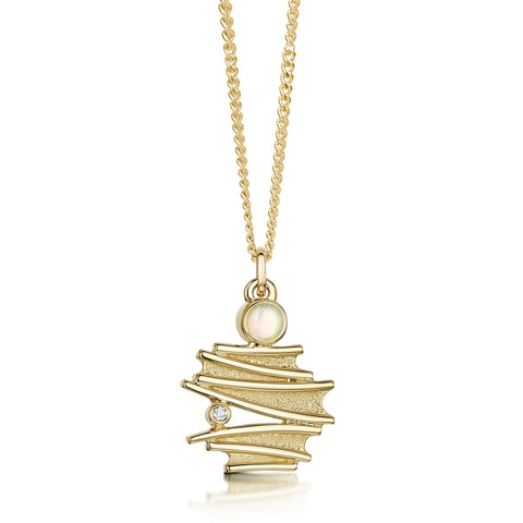 Moonlight Small Pendant Necklace in 9ct Yellow Gold with Opal & Diamond by Sheila Fleet Jewellery