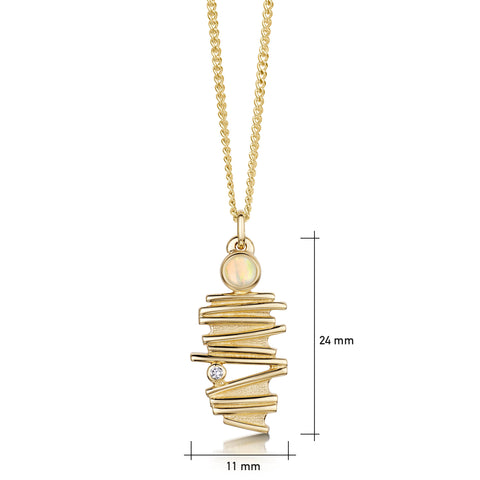 Moonlight Slim Pendant Necklace in 9ct Yellow Gold with Opal & Diamond by Sheila Fleet Jewellery