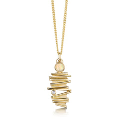 Moonlight Slim Pendant Necklace in 9ct Yellow Gold with Opal & Diamond by Sheila Fleet Jewellery