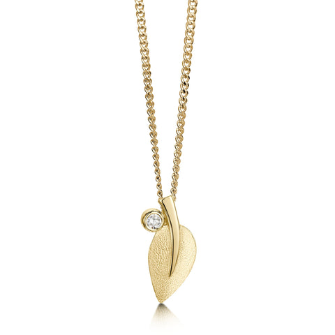 Rowan Single-Leaf Pendant Necklace in 9ct Yellow Gold with Diamond