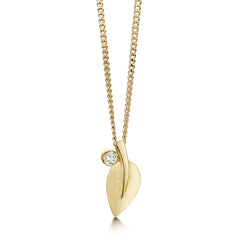 Rowan Single-Leaf Pendant Necklace in 9ct Yellow Gold with Diamond