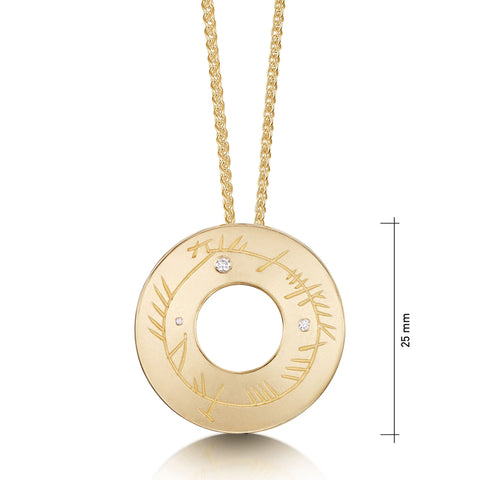 Ogham Pendant Necklace in 9ct Yellow Gold with Diamonds by Sheila Fleet Jewellery