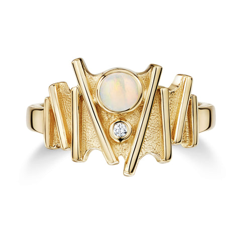 Moonlight Ring in 9ct Yellow Gold with Opal & Diamond by Sheila Fleet Jewellery