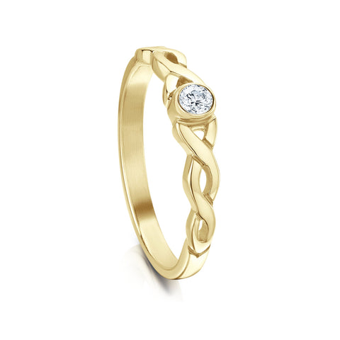 Celtic Twist 0.09ct Diamond Solitaire Ring in 9ct Yellow Gold by Sheila Fleet Jewellery
