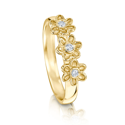 Diamond Daisies 3-flower Ring in 9ct Yellow Gold
