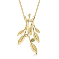 Rowan Six-Leaf Pendant Necklace in 9ct Yellow Gold with Peridot, Pearl & Diamond