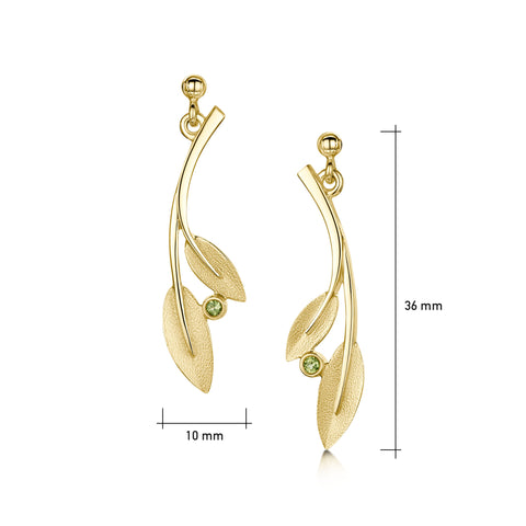 Rowan Two-Leaf Drop Earrings in 9ct Yellow Gold with Peridot