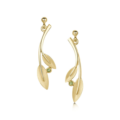 Rowan Two-Leaf Drop Earrings in 9ct Yellow Gold with Peridot