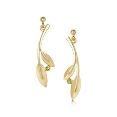 Rowan Two-Leaf Drop Earrings in 9ct Yellow Gold with Peridot