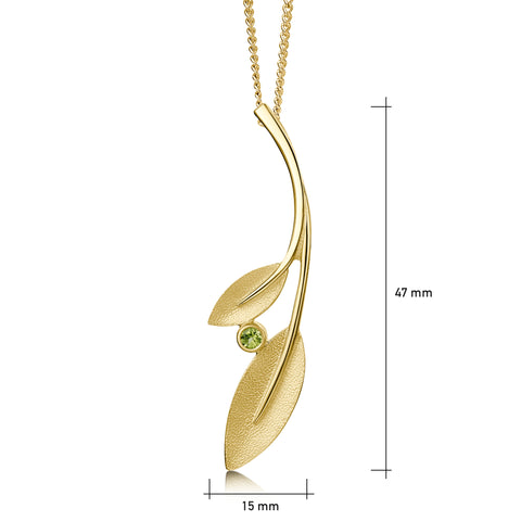 Rowan Two-Leaf Pendant Necklace in 9ct Yellow Gold with Peridot by Sheila Fleet Jewellery