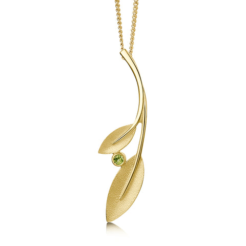 Rowan Two-Leaf Pendant Necklace in 9ct Yellow Gold with Peridot by Sheila Fleet Jewellery