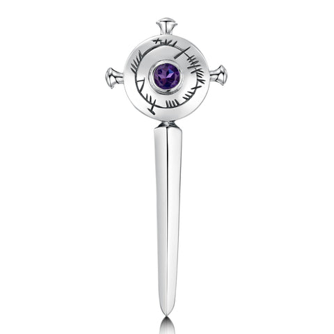 Ogham Kilt Pin in Sterling Silver with Amethyst by Sheila Fleet Jewellery