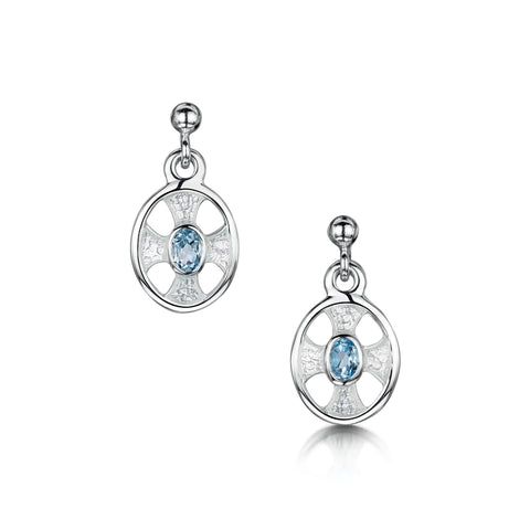 Cross of the Kirk Small Blue Topaz Drop Earrings in Crystal Enamel by Sheila Fleet Jewellery
