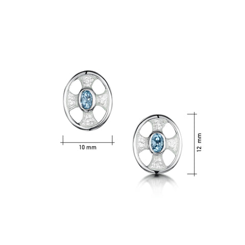 Cross of the Kirk Small Blue Topaz Stud Earrings in Crystal Enamel by Sheila Fleet Jewellery