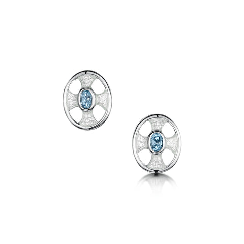 Cross of the Kirk Small Blue Topaz Stud Earrings in Crystal Enamel by Sheila Fleet Jewellery