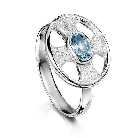 Cross of the Kirk Blue Topaz Ring in Crystal Enamel