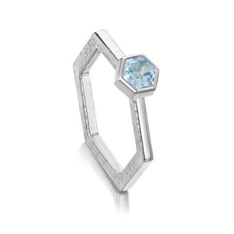 Honeycomb Silver Hexagon Ring with 5mm Blue Topaz
