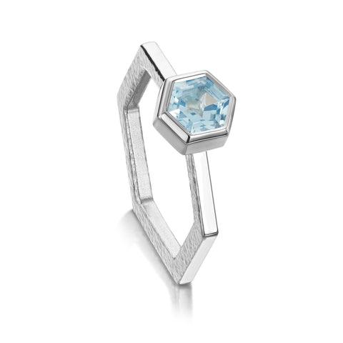 Honeycomb Silver Hexagon Ring with 6mm Blue Topaz