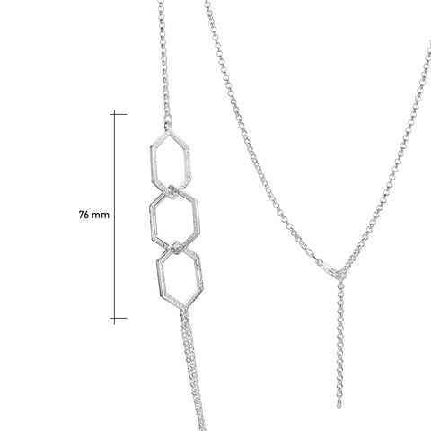 This long, sterling silver Honeycomb necklace features six textured hexagons, interlinked in groups of three and separated by long, draping lengths of silver chain.