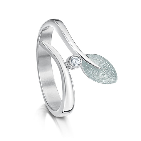 Rowan Cubic Zirconia Leaf Ring in Frost Enamel by Sheila Fleet Jewellery