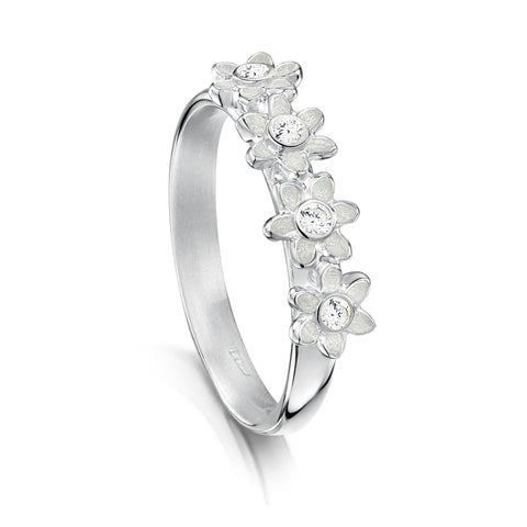 Daisies at Dawn 4-flower Enamel Ring with Cubic Zirconia by Sheila Fleet Jewellery