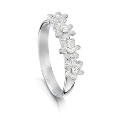 Daisies at Dawn 4-flower Enamel Ring with Cubic Zirconia by Sheila Fleet Jewellery