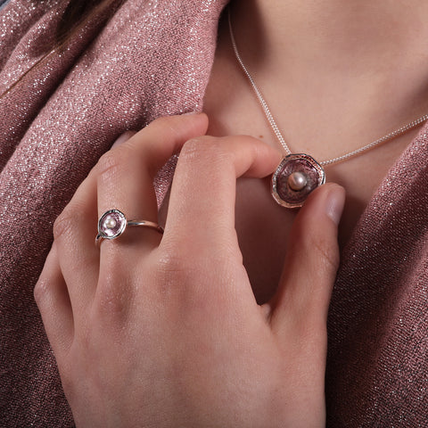 Lunar Pearl Petite Ring in Champagne Enamel by Sheila Fleet Jewellery