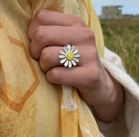 Daisies at Dawn Dress Enamel Ring in Sterling Silver by Sheila Fleet Jewellery