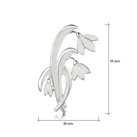 Snowdrop 3-leaf Sterling Silver Brooch in Crystal Enamel