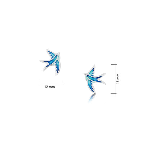 Swallows Silver Stud Earrings in Summer Blue Enamel by Sheila Fleet Jewellery