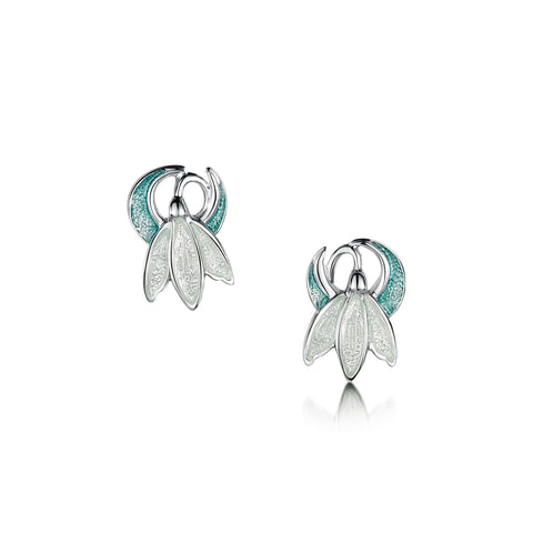 Snowdrop Small Sterling Silver Stud Earrings in Leaf Enamel by Sheila Fleet Jewellery