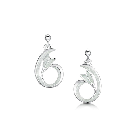 Flowering Snowdrop Small Silver Drop Earrings in Crystal Enamel by Sheila Fleet Jewellery