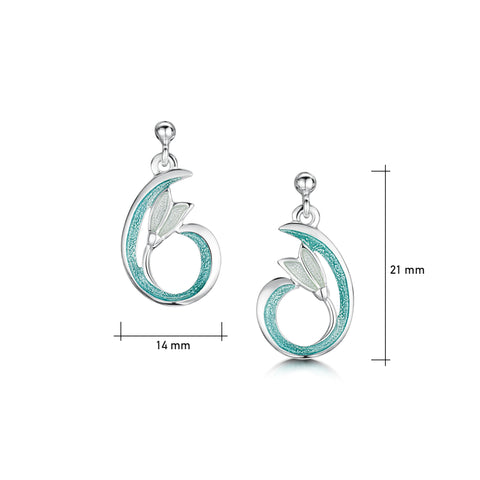Flowering Snowdrop Small Silver Drop Earrings in Leaf Enamel