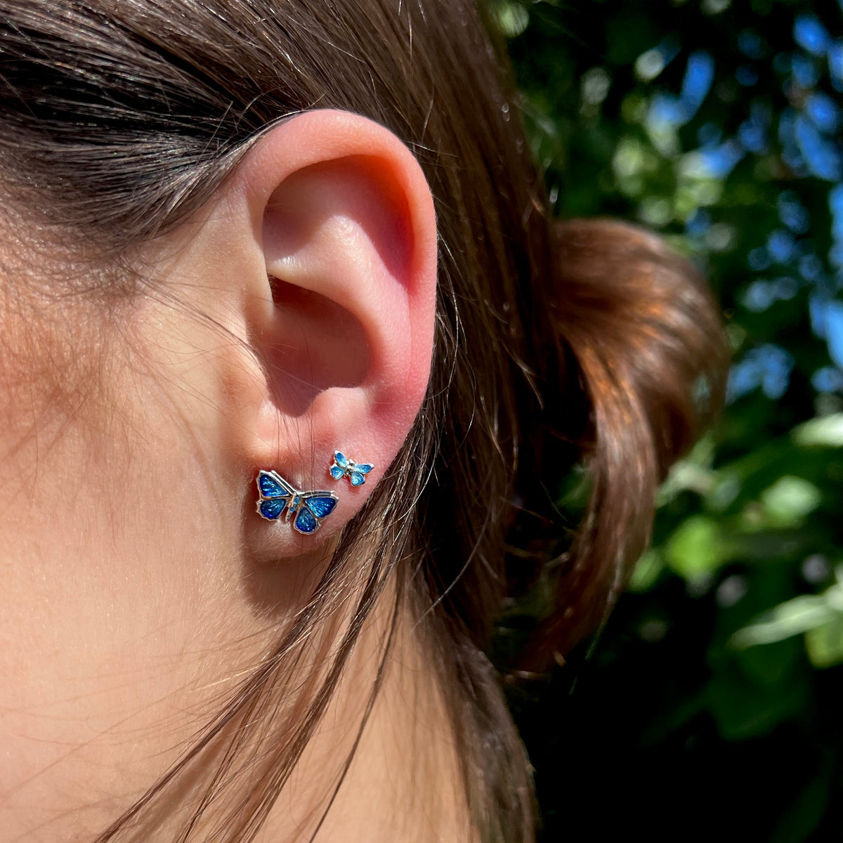 Painted Lady Butterfly post earrings with blue apatite